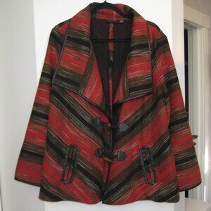 Tribal wool blend coat with leather trim